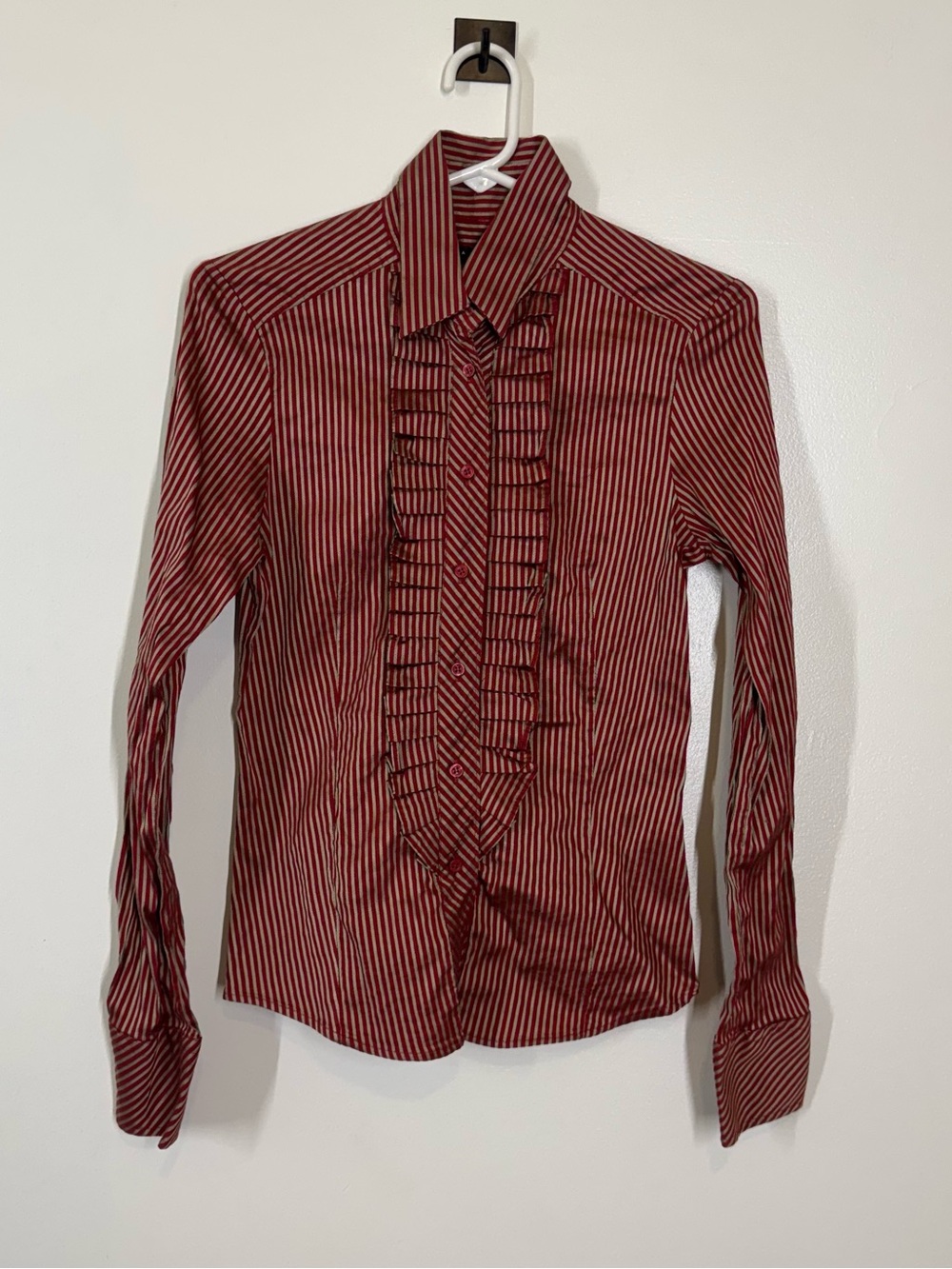 Zara Burgundy & Gold Striped Ruffle-Front Dress Shirt Size Medium Like New